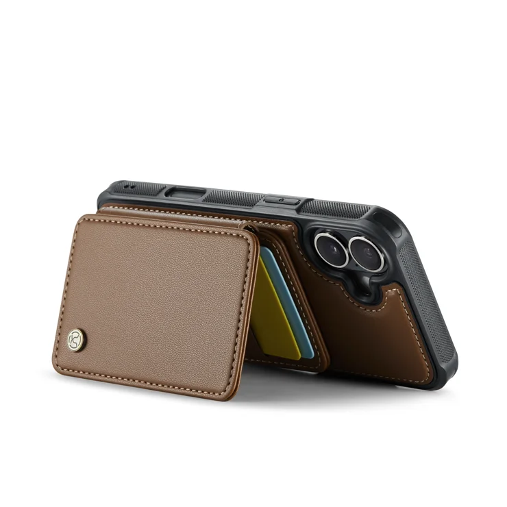 JEEHOOD J05 For iPhone 16 Plus Case Leather Mobile Cover with Detachable Magnetic Card Bag - Brown