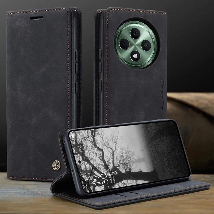 For Oppo Reno12 F 5G Case CASEME 013 Series Card Holder Stand Leather Phone Cover - Black
