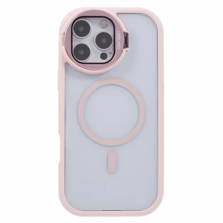 For iPhone 16 Pro Case Compatible with MagSafe Cell Phone Cover with Lens Cover Kickstand - Pink