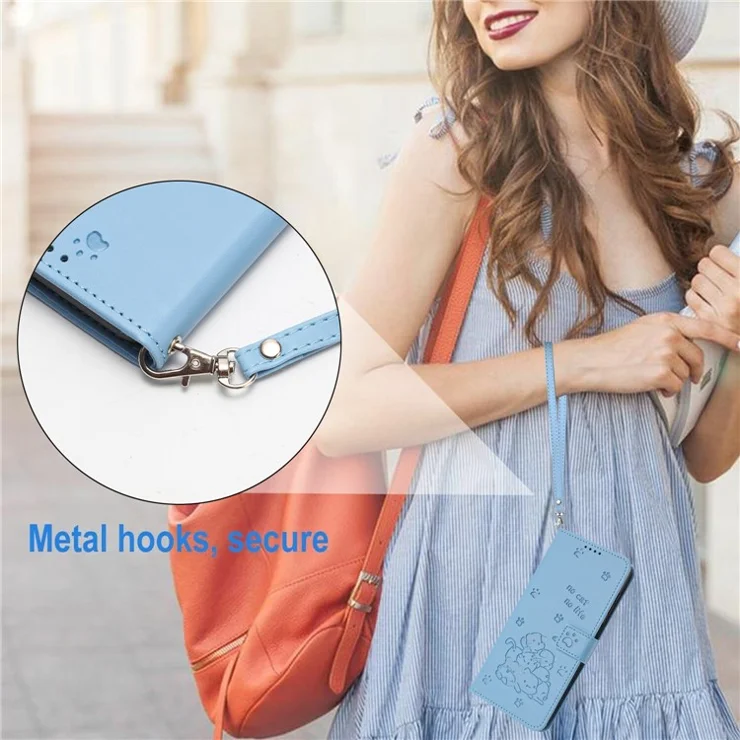 For Infinix Hot 50i 4G / Smart 9 4G Case with Strap Cats Imprint Leather Wallet Phone Cover - Blue