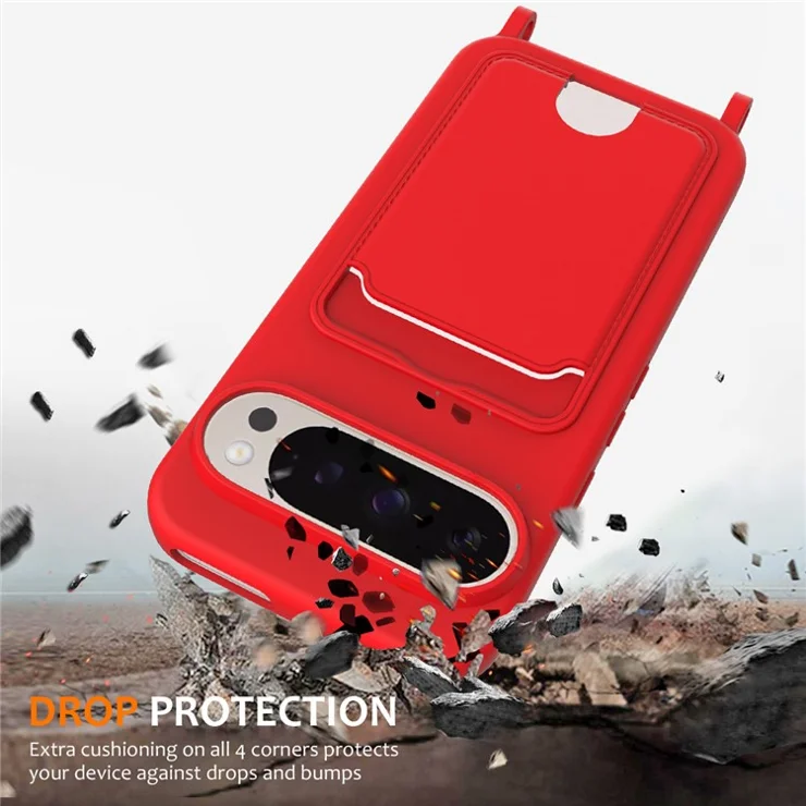 For Google Pixel 9 Pro XL Case Liquid Silicone Card Holder Phone Back Cover with Lanyard - Red