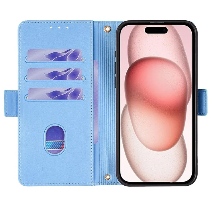 For iPhone 14 Leather Wallet Case RFID Blocking Stand Cover with Hand Strap - Blue