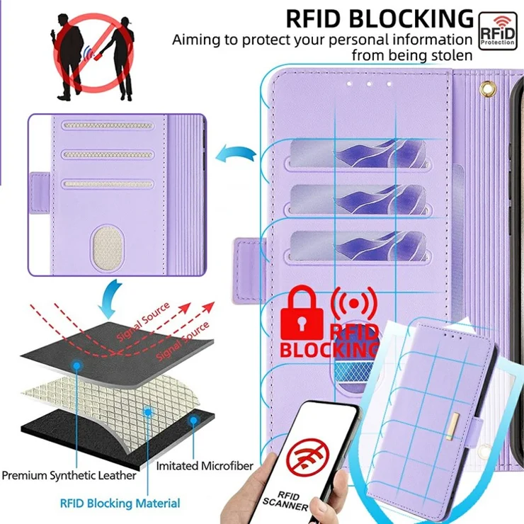 For Honor 200 Lite Leather Wallet Case RFID Blocking Stand Cover with Hand Strap - Purple