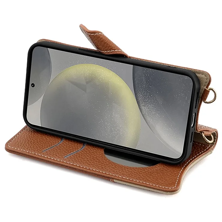 For Samsung Galaxy S24 FE Leather Case Wallet Stand Cover Irregular Tail Style with Chain Strap - Brown