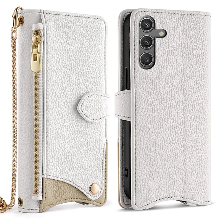 For Samsung Galaxy S24 FE Leather Case Wallet Stand Cover Irregular Tail Style with Chain Strap - White