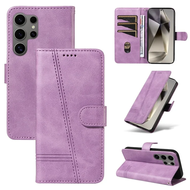 For Samsung Galaxy S25 Ultra Case Flip Wallet T-Shape Lines Leather Phone Cover - Light Purple