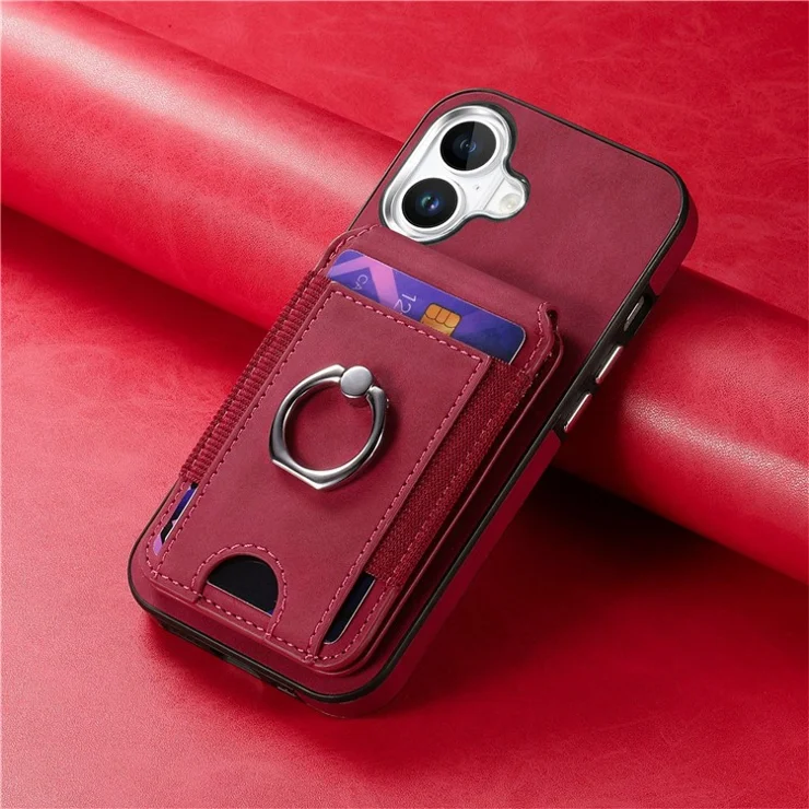 For iPhone 16 Plus Case Skin-Touch Texture Vertical Flip Card Holder Phone Cover with Ring Holder Kickstand - Red