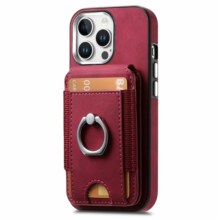 For iPhone 16 Pro Max Case Skin-Touch Texture Vertical Flip Card Holder Phone Cover with Ring Holder Kickstand - Red