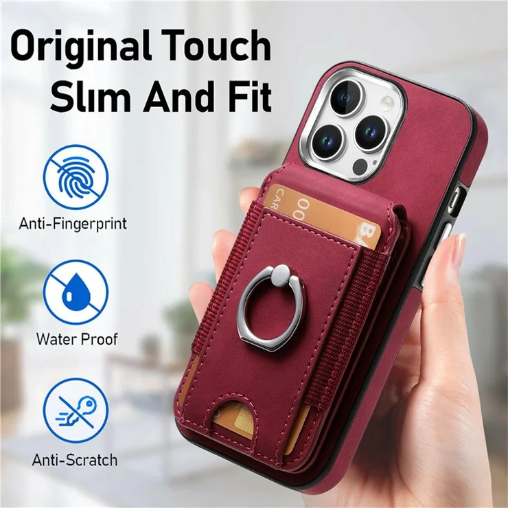 For iPhone 16 Pro Case Skin-Touch Texture Vertical Flip Card Holder Phone Cover with Ring Holder Kickstand - Red