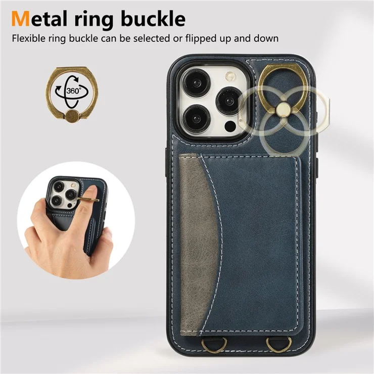 For iPhone 14 Pro Max PU Leather Back Case Card Holder Kickstand Phone Cover with Wrist Strap - Blue