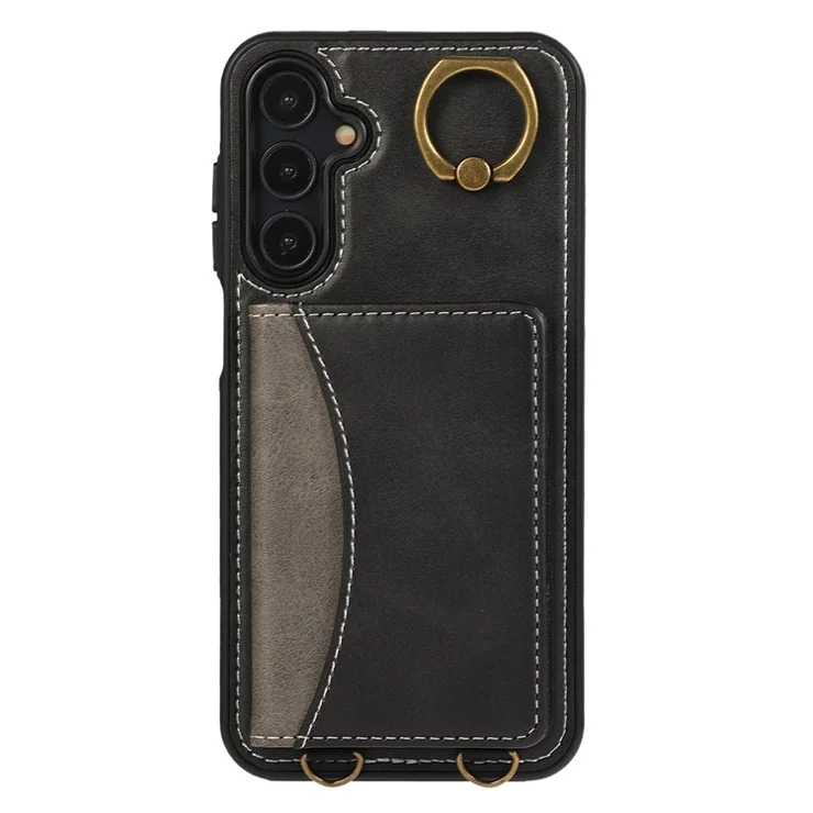 For Samsung Galaxy A05s 4G PU Leather Back Case Card Holder Kickstand Phone Cover with Wrist Strap - Black