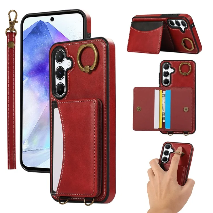 For Samsung Galaxy A35 5G PU Leather Back Case Card Holder Kickstand Phone Cover with Wrist Strap - Red