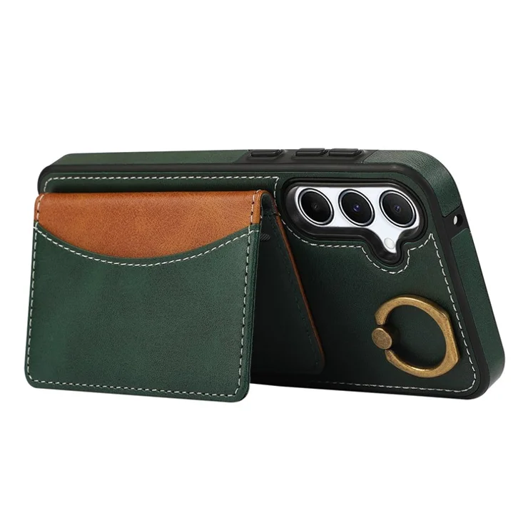 For Samsung Galaxy A54 5G PU Leather Back Case Card Holder Kickstand Phone Cover with Wrist Strap - Green