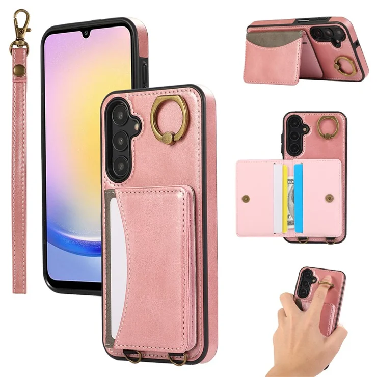 For Samsung Galaxy A24 4G (162.1 x 77.6 x 8.3mm) PU Leather Back Case Card Holder Kickstand Phone Cover with Wrist Strap - Pink
