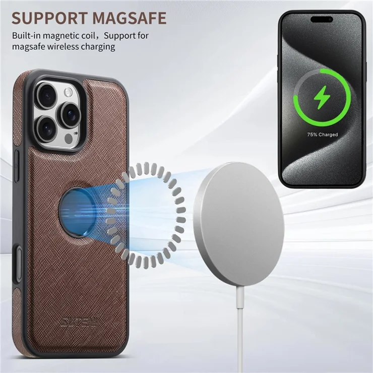 SUTENI G1 For iPhone 16 Pro Case Compatible with MagSafe Cross Texture Leather+TPU Phone Cover - Brown