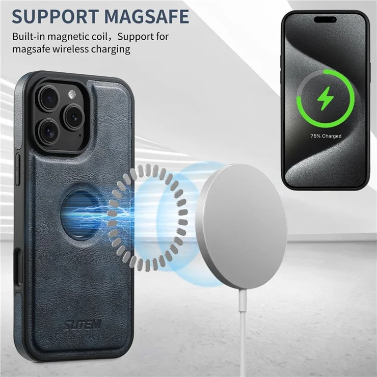 SUTENI G1 For iPhone 16 Pro Magnetic Case Waxy Texture Leather Coated TPU Phone Cover - Blue