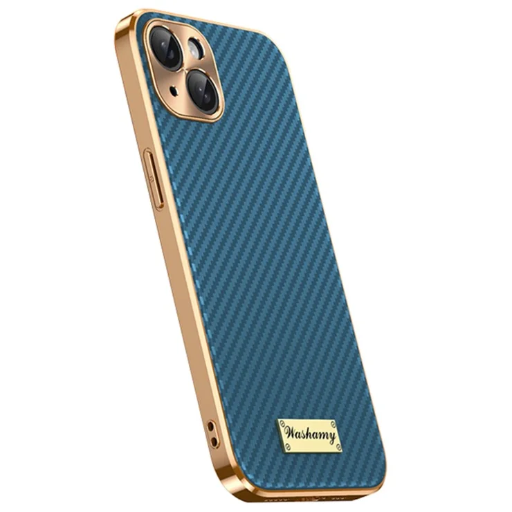 For iPhone 15 Case Carbon Fiber Texture Electroplating Cowhide Leather+TPU Phone Cover - Green