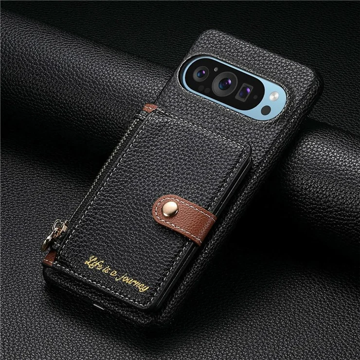 Y4 For Google Pixel 9 Pro XL Case Zipper Pocket Leather Phone Back Cover Card Holder Kickstand - Black