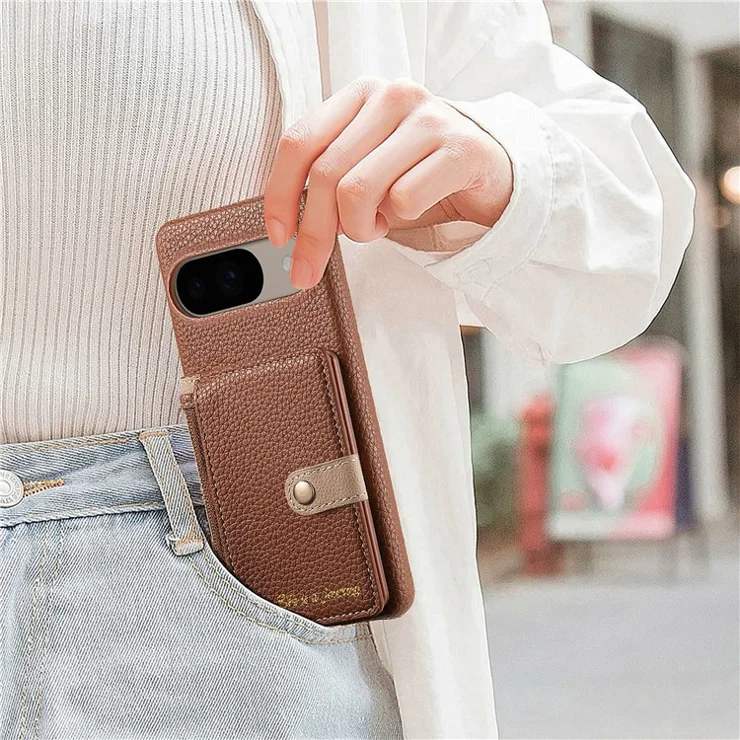 Y4 For Google Pixel 9 Pro / Pixel 9 Case Zipper Pocket Leather Phone Back Cover Card Holder Kickstand - Brown