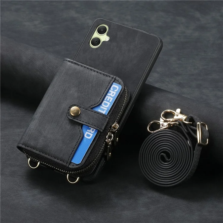 For Samsung Galaxy A06 4G Case Zipper Wallet Leather Phone Back Cover Kickstand with Shoulder Strap - Black