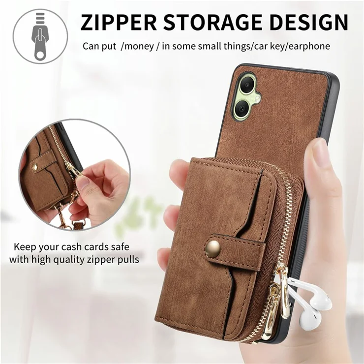 For Samsung Galaxy A06 4G Case Zipper Wallet Leather Phone Back Cover Kickstand with Shoulder Strap - Black
