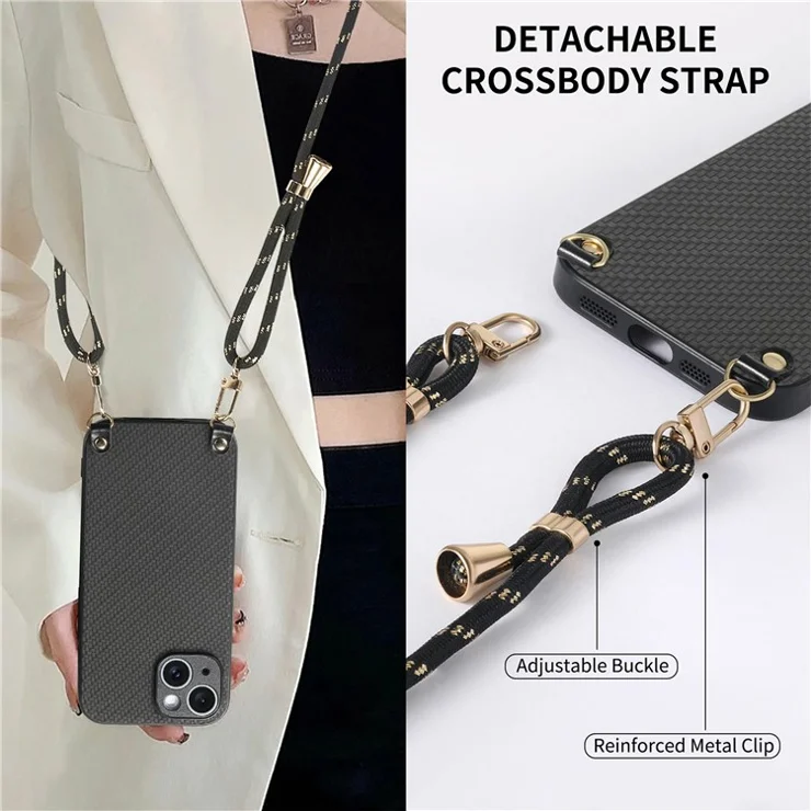 For iPhone 15 Case Carbon Fiber Texture Hybrid Phone Back Cover with Adjustable Strap - Black