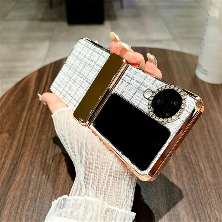 For Oppo Find N3 Flip 5G Case Plaid Texture Rhinestone Decor Hinge Protection PC Phone Cover - White