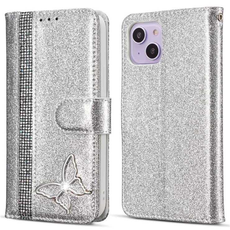 For iPhone 13 Glitter Leather Case with Metal Diamond Buttery Wallet Stand Cover - Silver