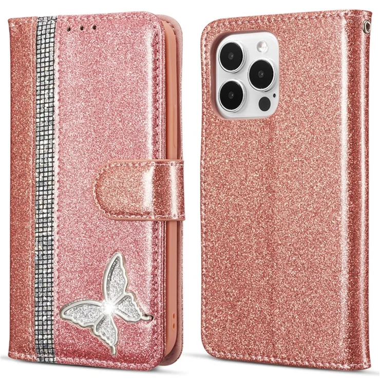 For iPhone 14 Pro Glitter Leather Case with Metal Diamond Buttery Wallet Stand Cover - Rose Gold