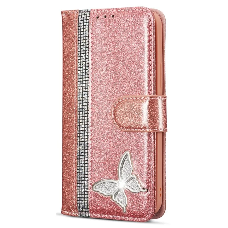 For iPhone 15 Plus Glitter Leather Case with Metal Diamond Buttery Wallet Stand Cover - Rose Gold