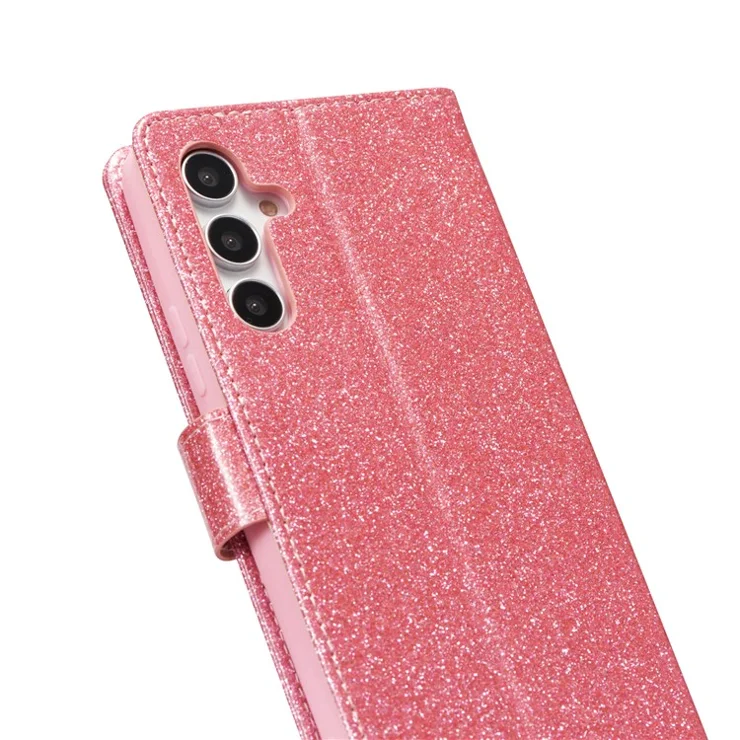 For Samsung Galaxy S23 FE Glitter Leather Case with Diamond Love Heart Wallet Stand Flip Cover - Pink