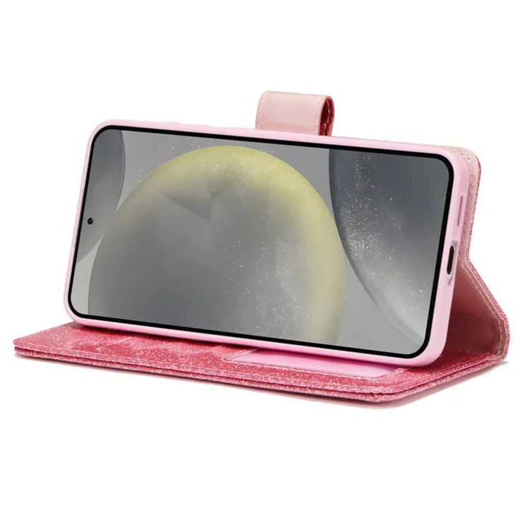 For Samsung Galaxy S23+ Glitter Leather Case with Diamond Love Heart Wallet Stand Flip Cover - Pink
