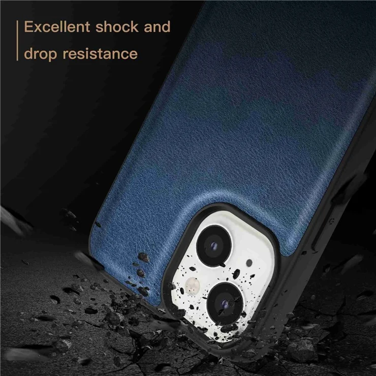 Mobile Phone Case for iPhone 13 6.1 inch, Retro PU Leather Coated TPU+PC Phone Protective Cover - Blue