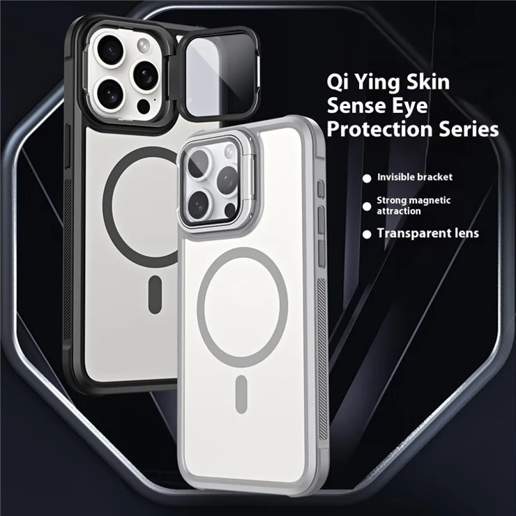 For iPhone 15 Pro Max Compatible with MagSafe Lens Cover Kickstand Matte Back Cover - Black
