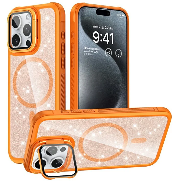 For iPhone 15 Pro Glitter Phone Case Compatible with MagSafe Sparkling Cover with Lens Cover Kickstand - Orange