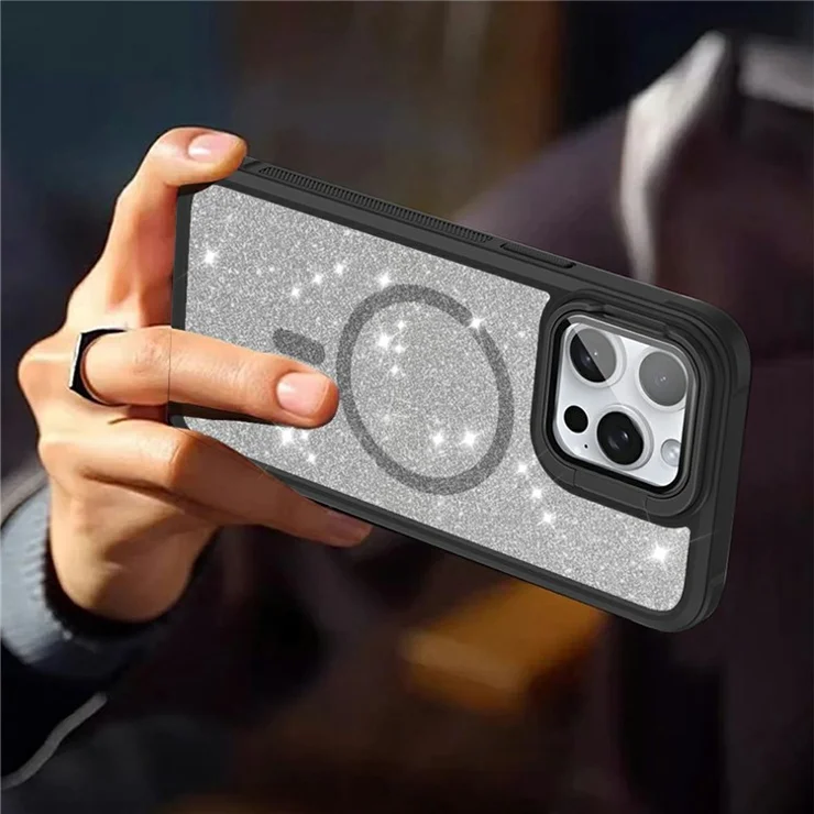 For iPhone 15 Pro Glitter Phone Case Compatible with MagSafe Sparkling Cover with Lens Cover Kickstand - Grey