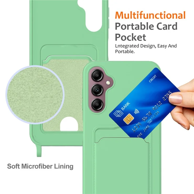 For Samsung Galaxy A16 5G / 4G Case Liquid Silicone Card Holder Phone Back Cover with Lanyard - Green