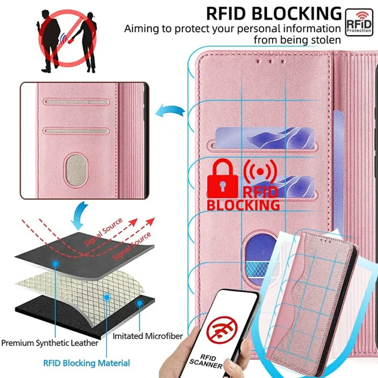 For Samsung Galaxy A06 4G Leather Case Wallet Stand Phone Cover with RFID Blocking - Rose Gold