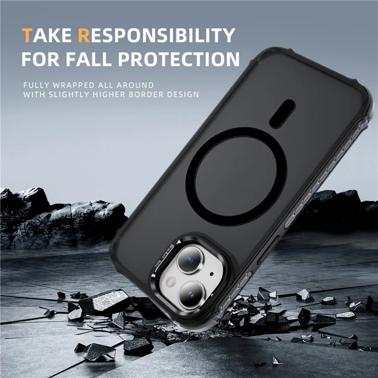 For iPhone 14 / 13 Case with Lens Kickstand Matte Back Cover Compatible with MagSafe - Black