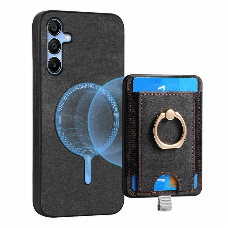 For Samsung Galaxy A16 4G / 5G Magnetic Case Card Holder Ring Kickstand PU Leather Phone Back Cover - Black