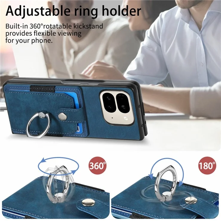 For Google Pixel 9 Pro Fold 5G Case Kickstand Leather+PC Non-Slip Protective Cover Card Slots - Blue