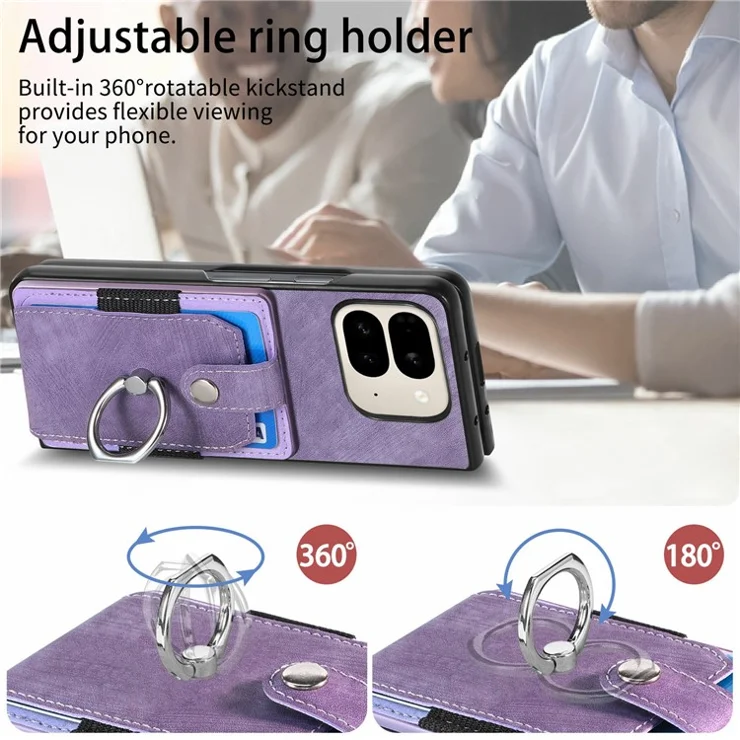 For Google Pixel 9 Pro Fold 5G Case Kickstand Leather+PC Non-Slip Protective Cover Card Slots - Purple