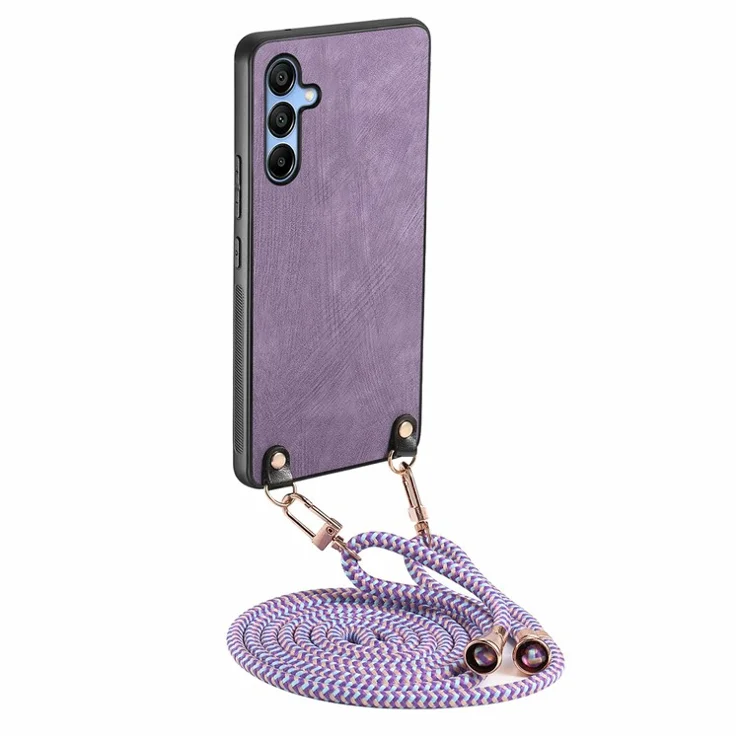 For Samsung Galaxy A16 5G / A16 4G Case Retro Texture Leather Coated PC+TPU Phone Cover with Hanging Rope - Purple