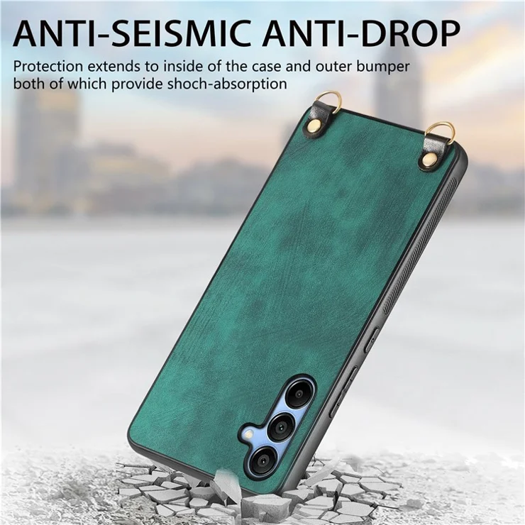 For Samsung Galaxy A16 5G / A16 4G Case Retro Texture Leather Coated PC+TPU Phone Cover with Hanging Rope - Green