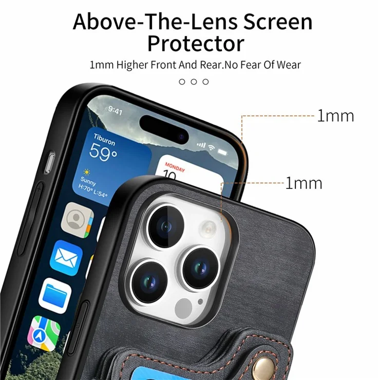 For iPhone 16 Pro Max Case RFID Blocking Handbag Leather+TPU Phone Cover Card Slots, Ring Holder - Black