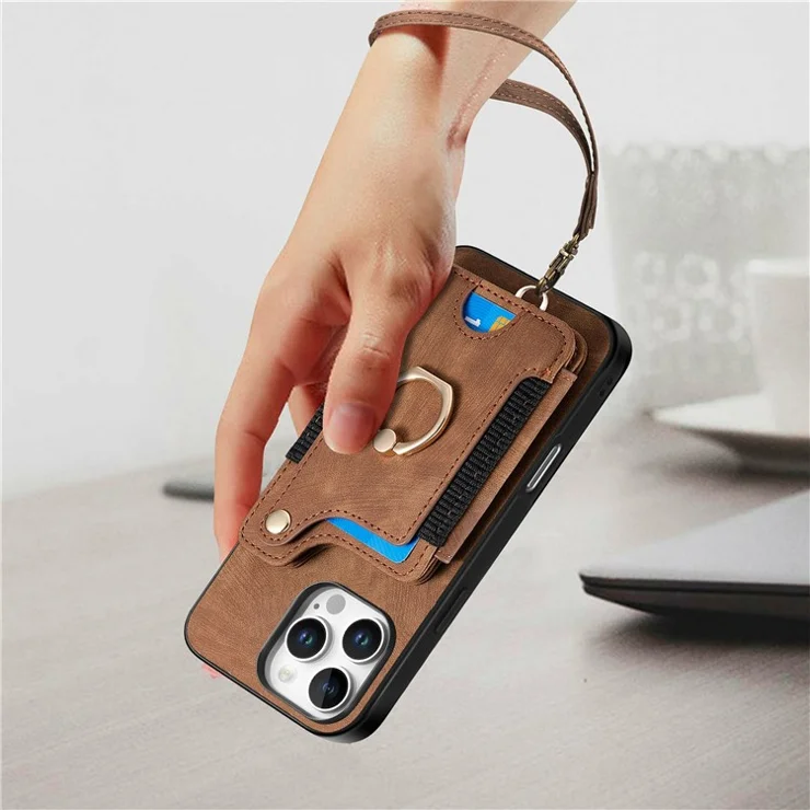 For iPhone 16 Pro Case RFID Blocking Handbag Leather+TPU Phone Cover Card Slots, Ring Holder - Brown