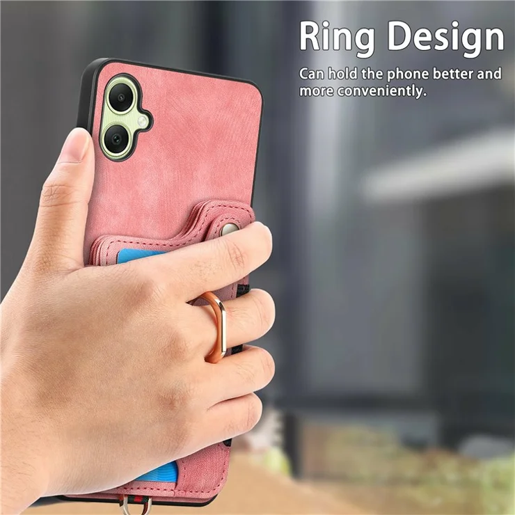 For Samsung Galaxy A06 4G Case RFID Blocking Handbag Leather+TPU Phone Cover Card Slots, Ring Holder - Black
