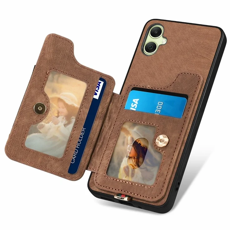 For Samsung Galaxy A06 4G Case RFID Blocking Handbag Leather+TPU Phone Cover Card Slots, Ring Holder - Brown