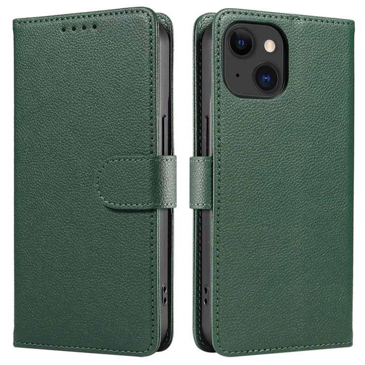 For iPhone 13 Leather Case Litchi Texture RFID Blocking Wallet Stand Phone Cover - Green