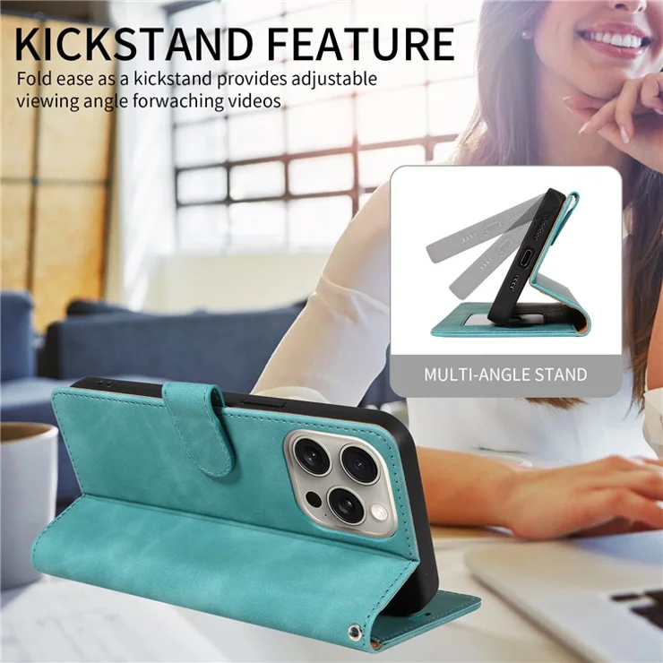 For iPhone 16 Pro Case RFID Blocking Wallet Stand Leather Flip Phone Cover with Slim Strap - Green